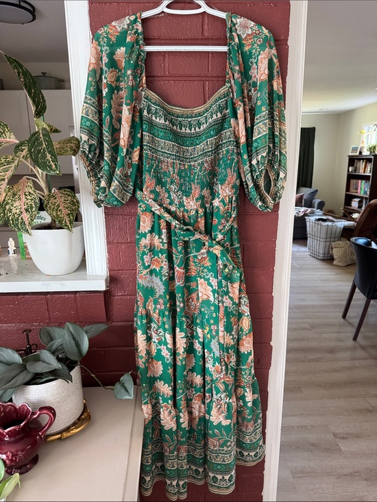 Flying Tomato Dresses & Skirts - Flying Tomato Patterned Green Puff Sleeve Smocked Floral Boho Midi Dress Size L